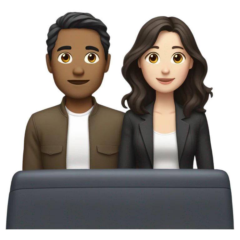 A pale half Asian man with short dark hair and white woman with long wavy brunette hair driving together emoji
