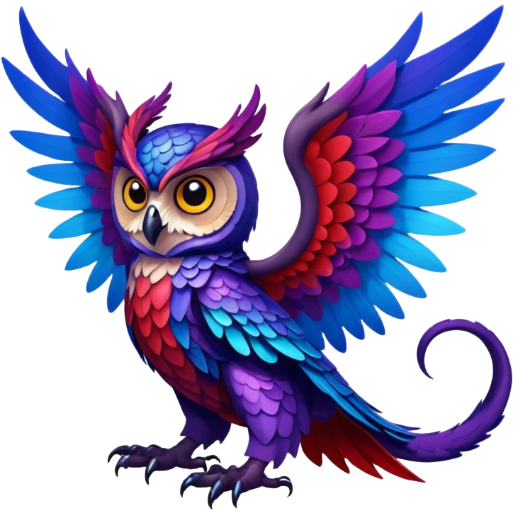 Owl dragon hybrid with wings dark purple and blue and red emoji