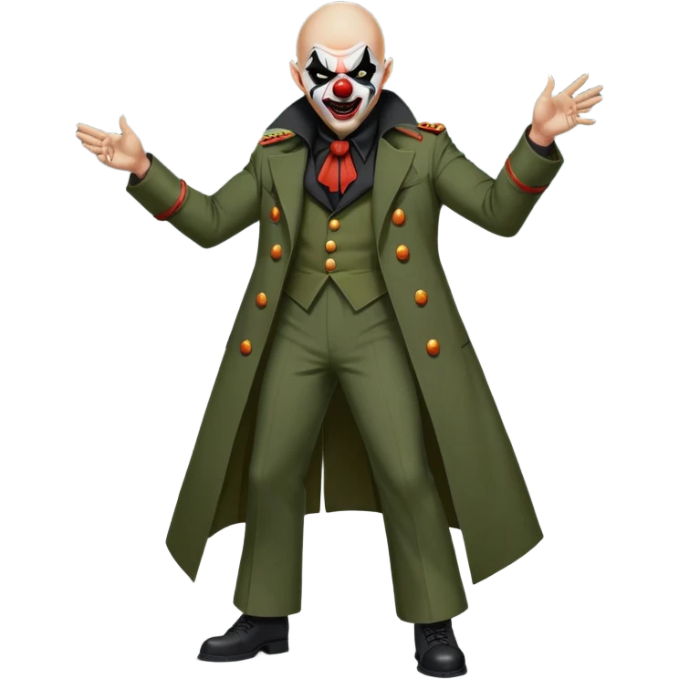 evil clown, bald, small black satan horns on forehead, fangs, pointed ears, eye patch over one eye, long coat over black and military green leisure suit with bellbottom pants, realistically proportioned, less bulky, full body, battle-ready fighting posture emoji
