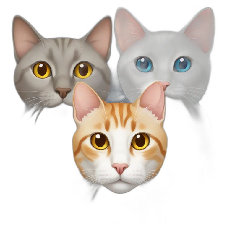 three cats sitting together ,one grey tabby siamese cat with blue eyes ,one orange and white tabby cat with yellow eyes ,one orange cat with orange eyes emoji