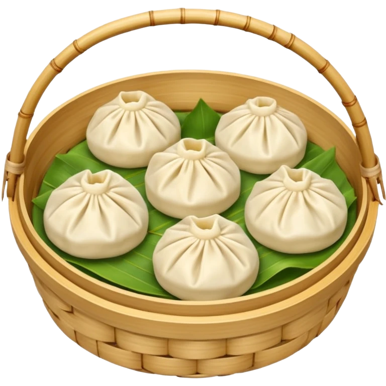["Four steamed dumplings in a bamboo steamer basket."] emoji