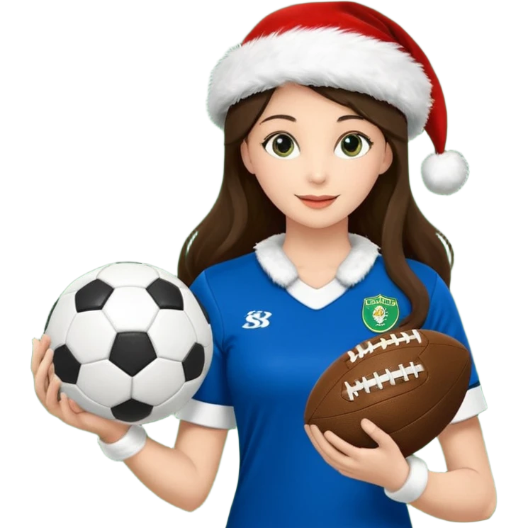 3 atletas, um homem no meio e duas mulheres com cores de pele diferentes, usando elementos esportivos, bola de futebol, luvas de luta e bola de vôlei. Coloque um chapéu de papai noel das cores verde e com uniforme azul e branco emoji