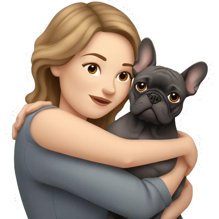 light brown hair woman hugging a dark gray french bulldog emoji