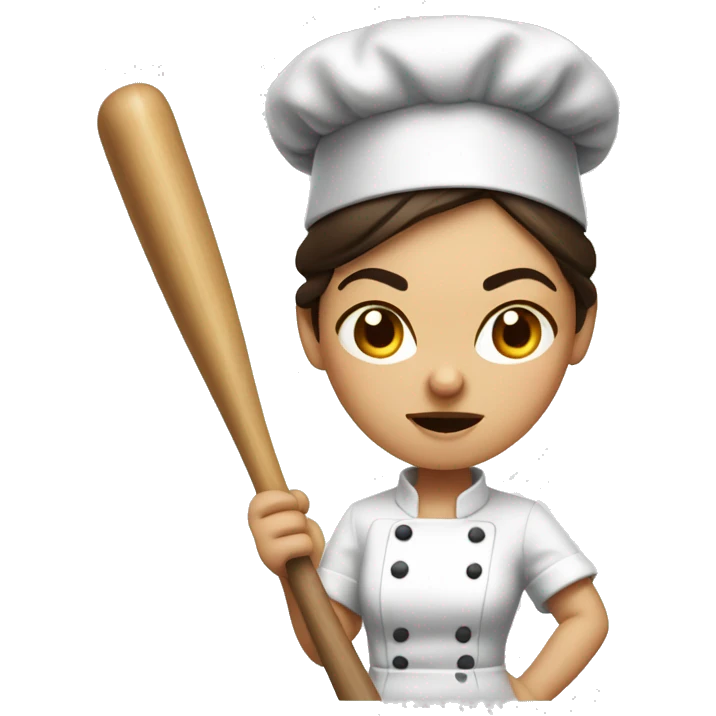 angry brunette chef with a hair bun, holding a baseball bat emoji