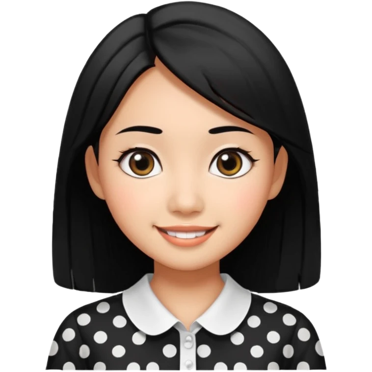 20 yr old asian woman hair  center part big eyes big smile tanned skin straight black hair hippie part hair white blouse with black dots emoji