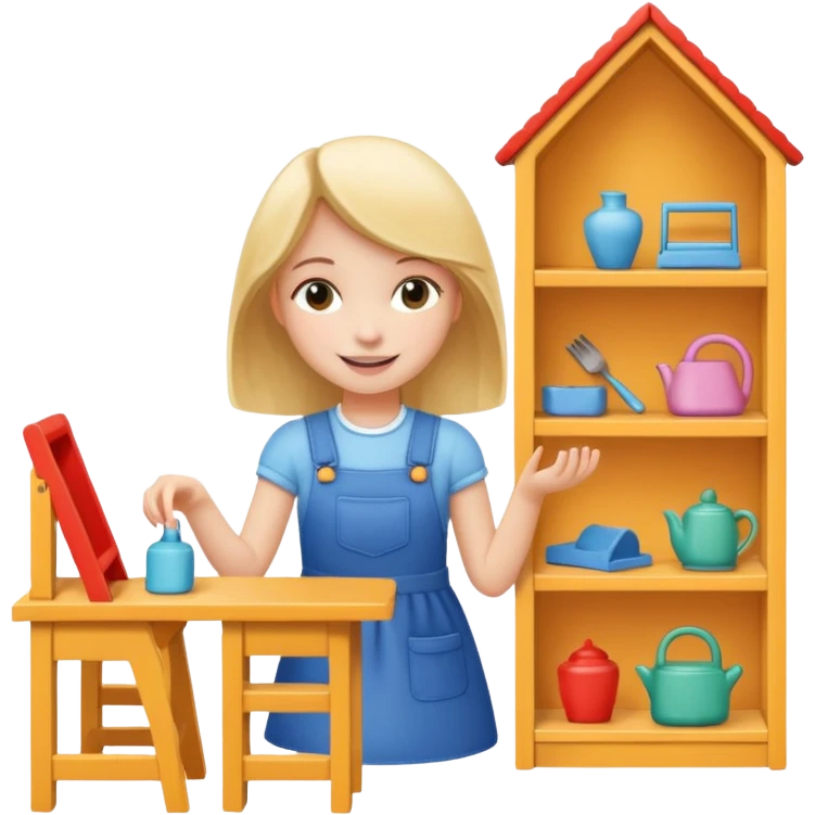 smiling girl arranging furniture in doll house emoji