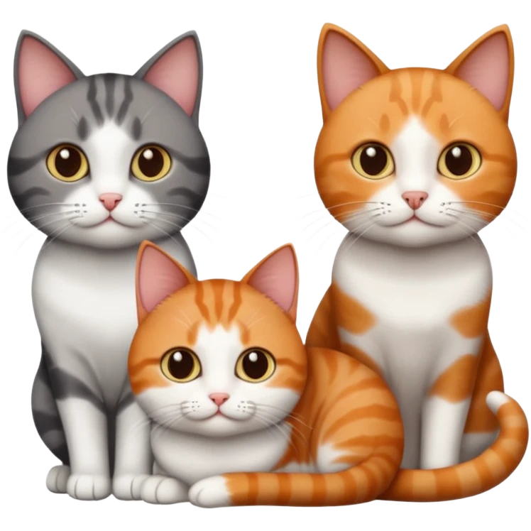 3 different coloured short haired cats including; a dark brown tabby and white cat, and a dark grey and white and a ginger and white emoji