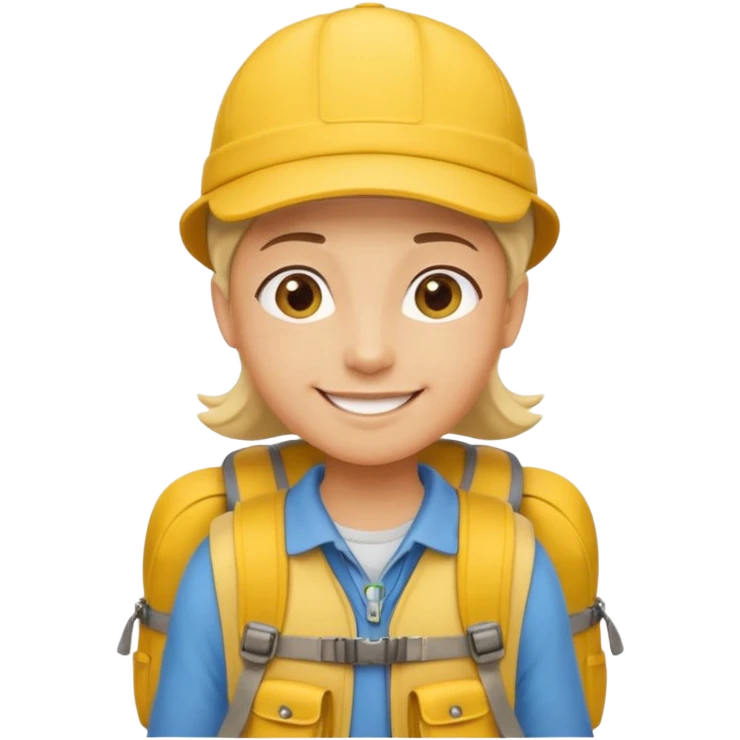 Cartoon explorer wearing a yellow cap and yellow backpack, casual outdoor outfit emoji