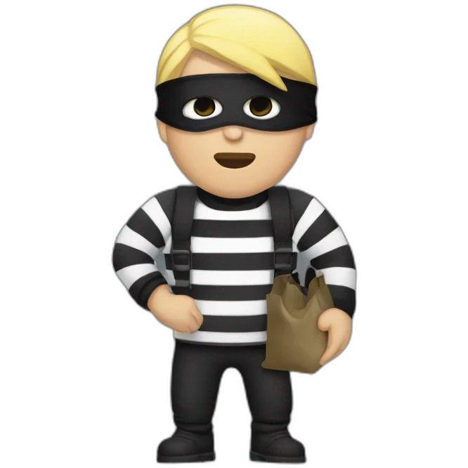 robber with blonde hair wearing a black beanie and a long sleeved white and black horizontally striped t-shirt and wearing black eye mask and holding and a bag of money in their left shoulder emoji