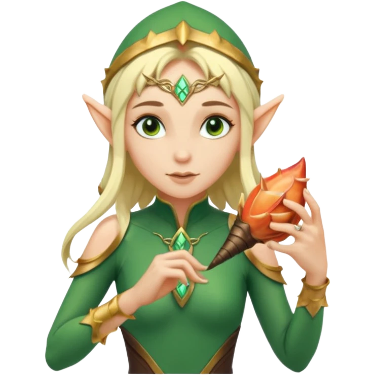 elf female Short wetsuit-style garb, glowing runes on skin, holding a conch horn. emoji