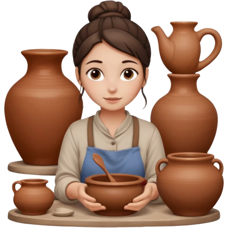 Brunette girl with a bun, behind the potter's wheel, wearing neutral clothing emoji