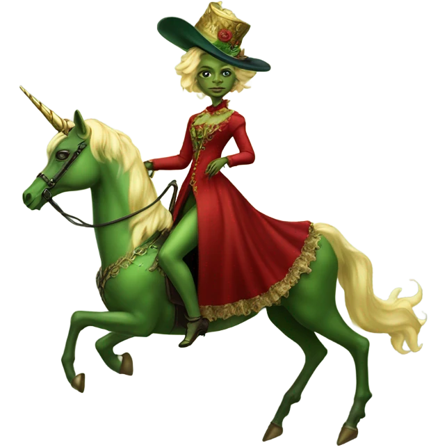 "galora green blonde alien woman" in red Victorian elegant dress, full body, rides unicorn gold
NO WOKE
 emoji
