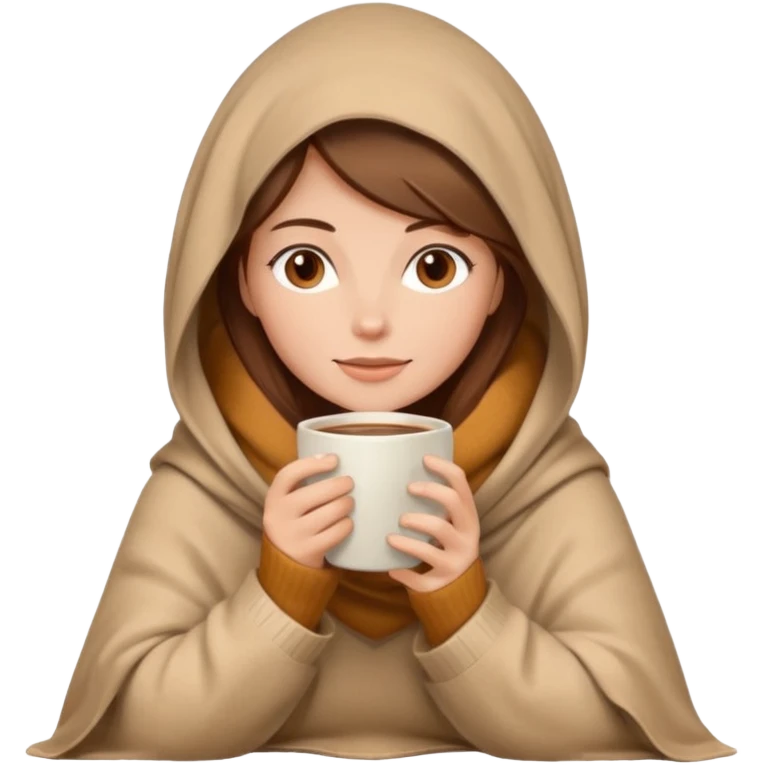brown hair woman sitting under beige blanket, with a blanket over his head, holding cup of coffee, autumn mood emoji