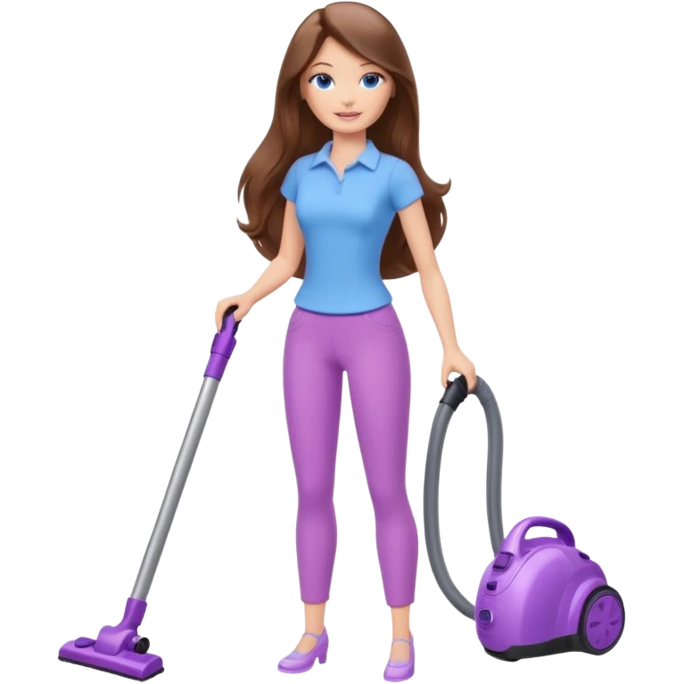 beautiful barbie girl with long brown hair, blue eyes and wearing light purple clothes, cleaning and vacuuming emoji