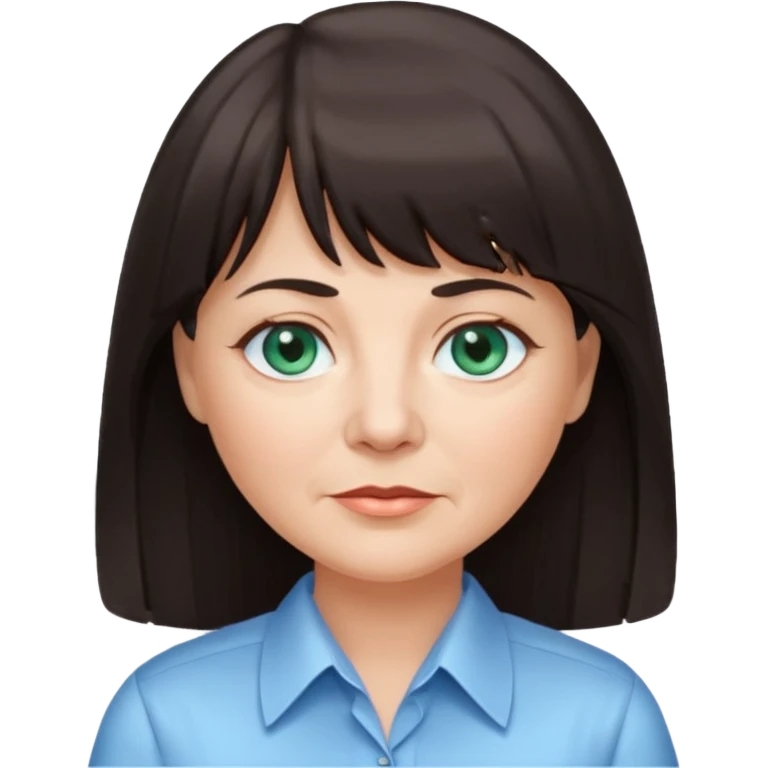 60 yr old woman, blue green eyes, long straight dark brown hair, business shirt, chubby, bangs emoji