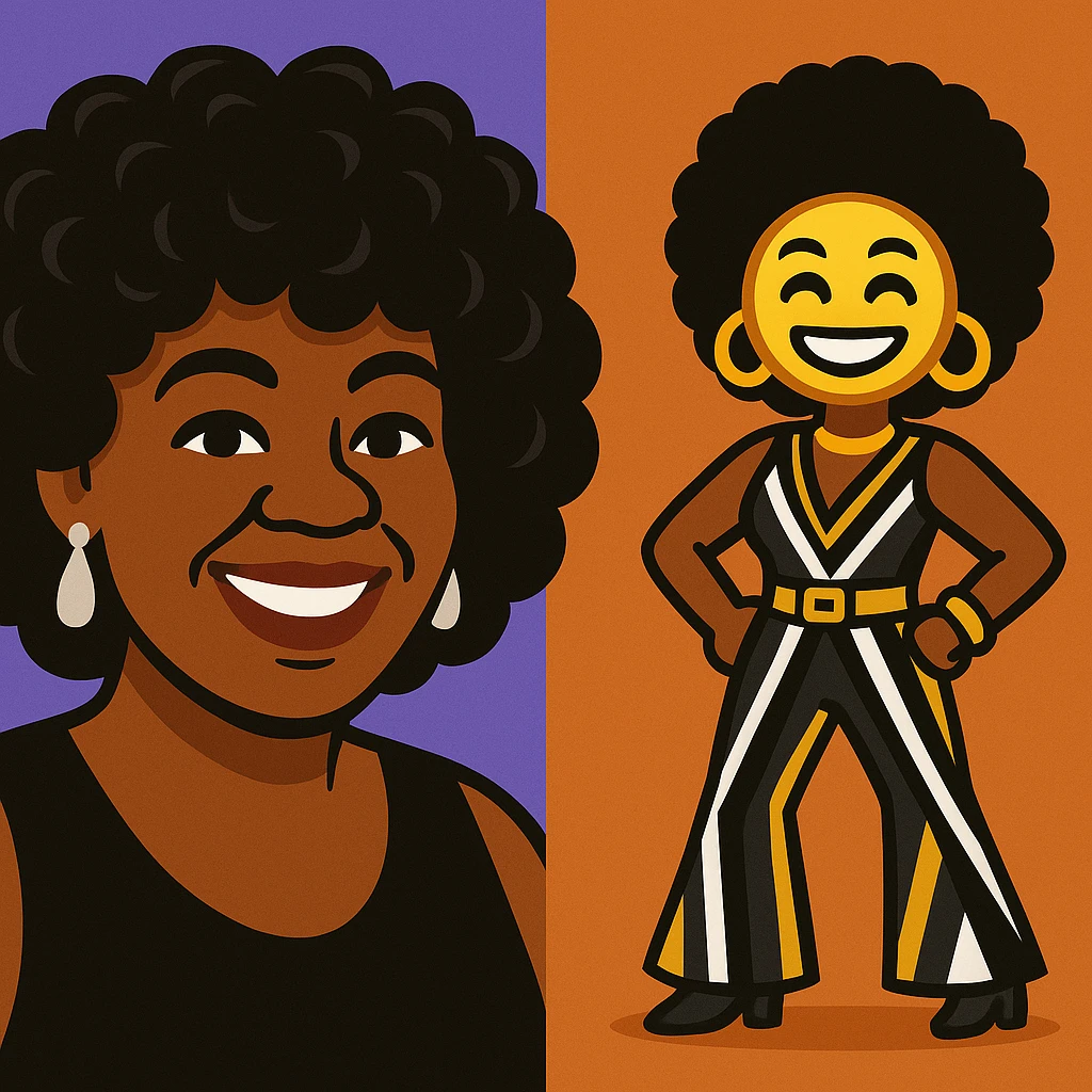 Create another emoji of this lady in a 1970s disco theme, using a color palette of black, silver, gold, and white. Show her with a big smile, hands on hips, in a 70s jumpsuit and matching accessories, in a vibrant toon style. emoji