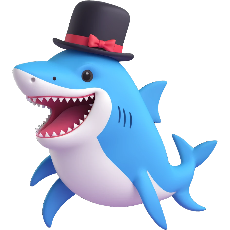 cute shark in a black top hat, looking dapper emoji