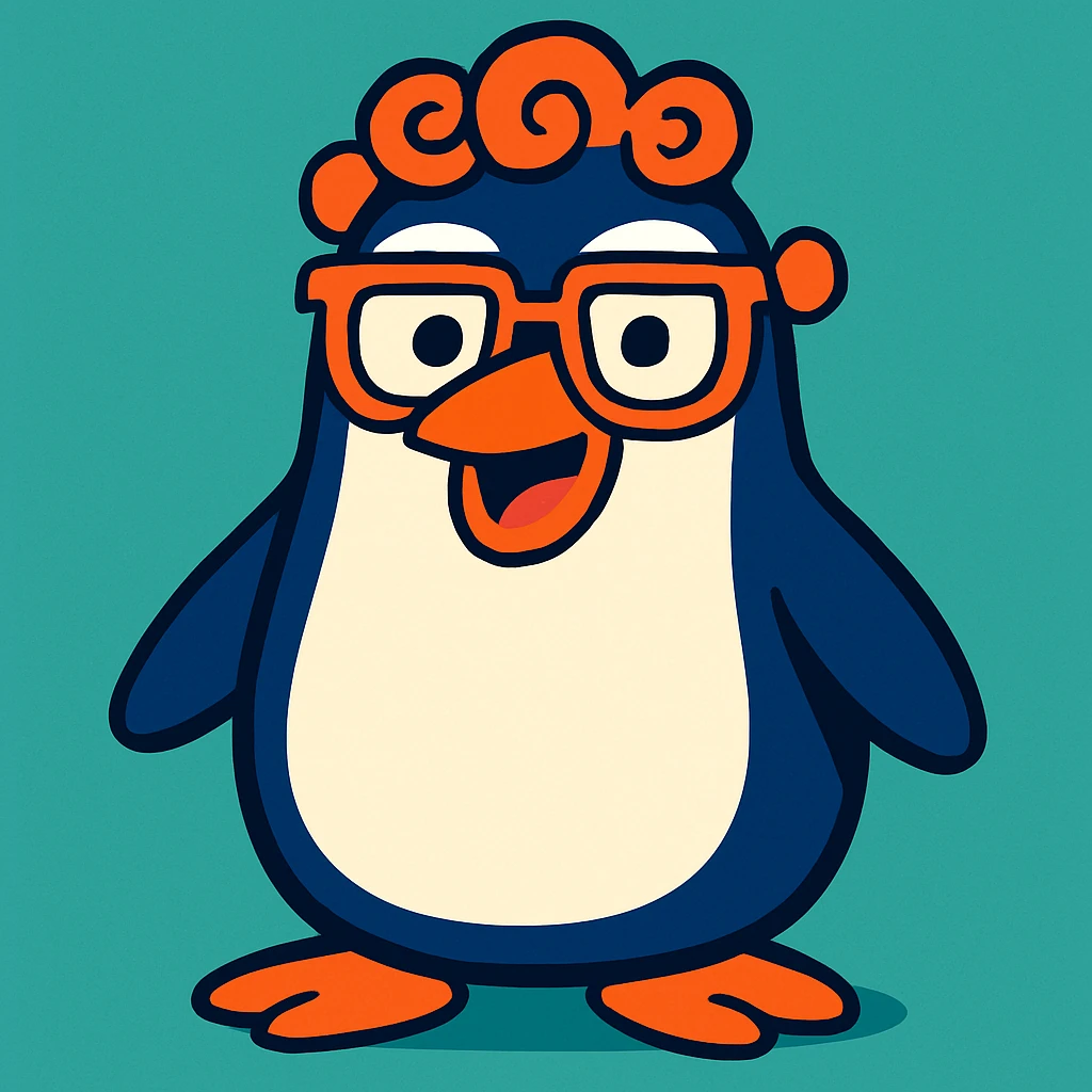 colorful illustration of a penguin with curls on the head, glasses, and a funny appearance emoji