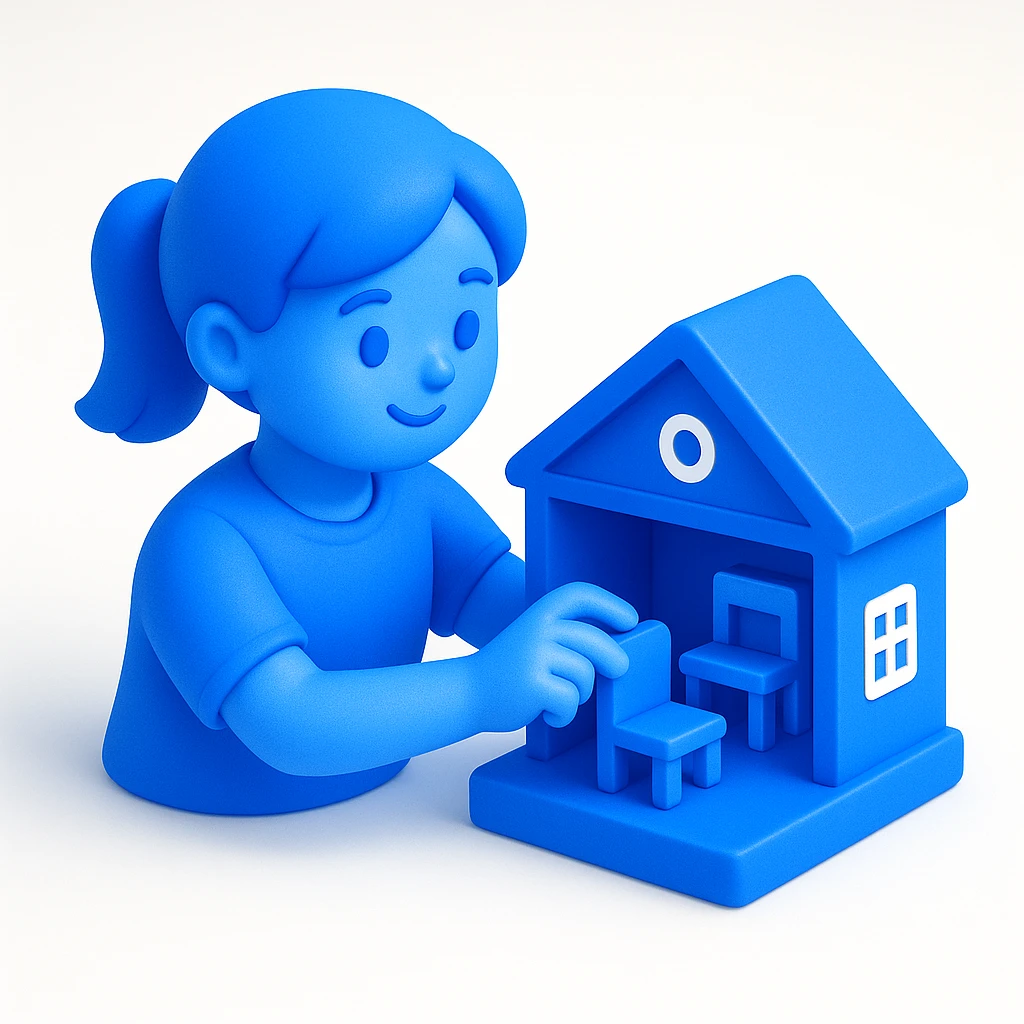 smiling girl arranging furniture in doll house emoji