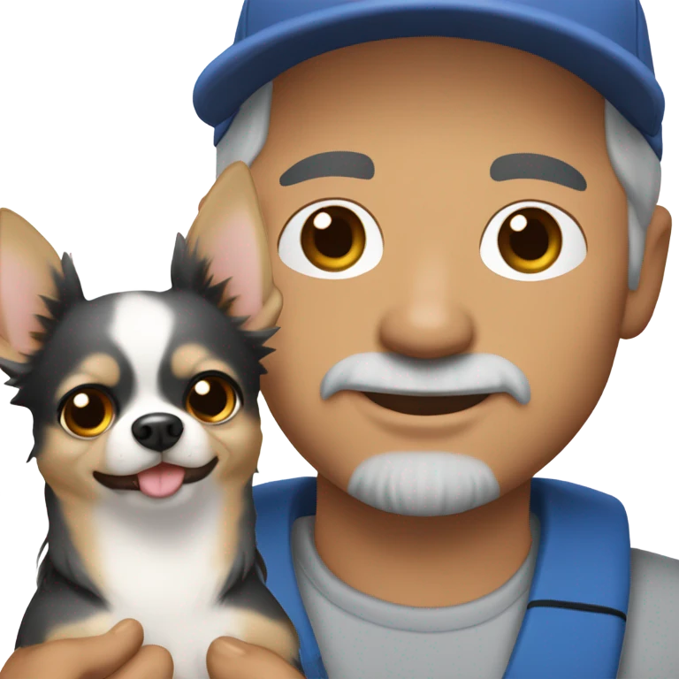 man with blue eyes gray hair and goatee wearing ball cap holding chihuahua with long black hair emoji