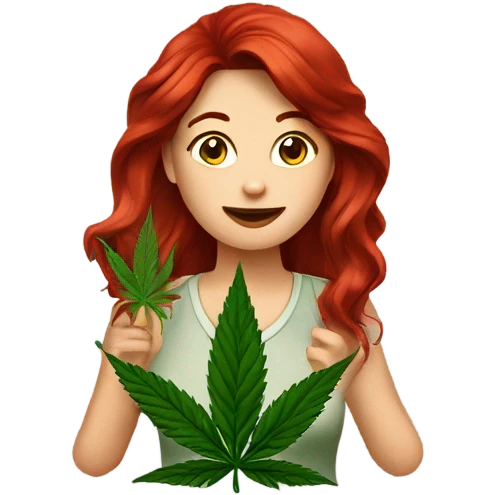 female deep red hair, sitting, holding marijuana leaf  emoji