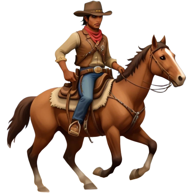 An icon representing an adventure game, inspired by Red Dead Redemption II. The design features a rugged cowboy riding a horse through a vast, open landscape with mountains, deserts, and wild animals. The atmosphere conveys exploration, action, and the thrill of the journey. Transparent background emoji