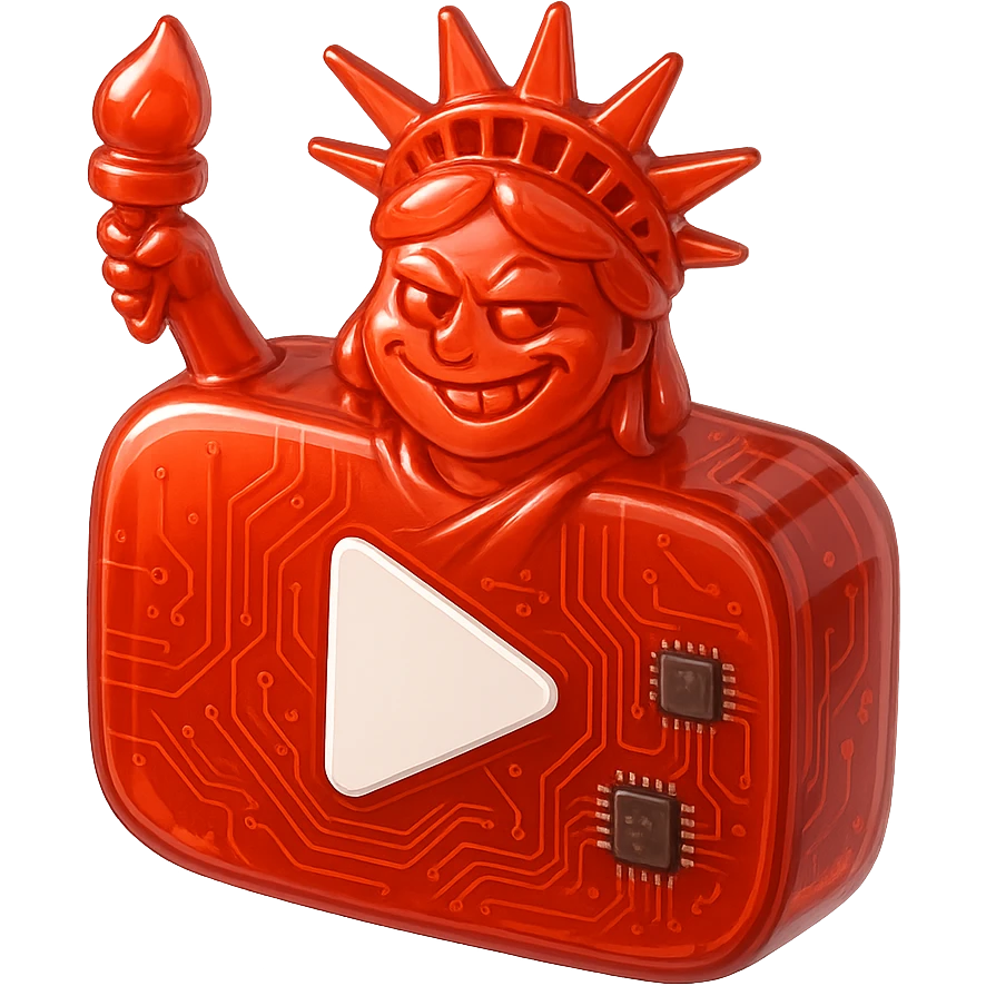 red Statue of Liberty with a playful sarcastic grin, red YouTube play button, glossy circuit style emoji