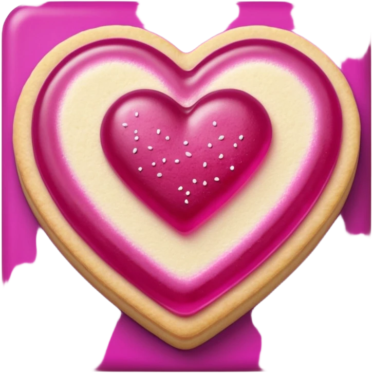 Realistic shortbread cookie in the shape of a heart with Fuchsia color jelly middle filling and sprinkled powder sugar on top. emoji