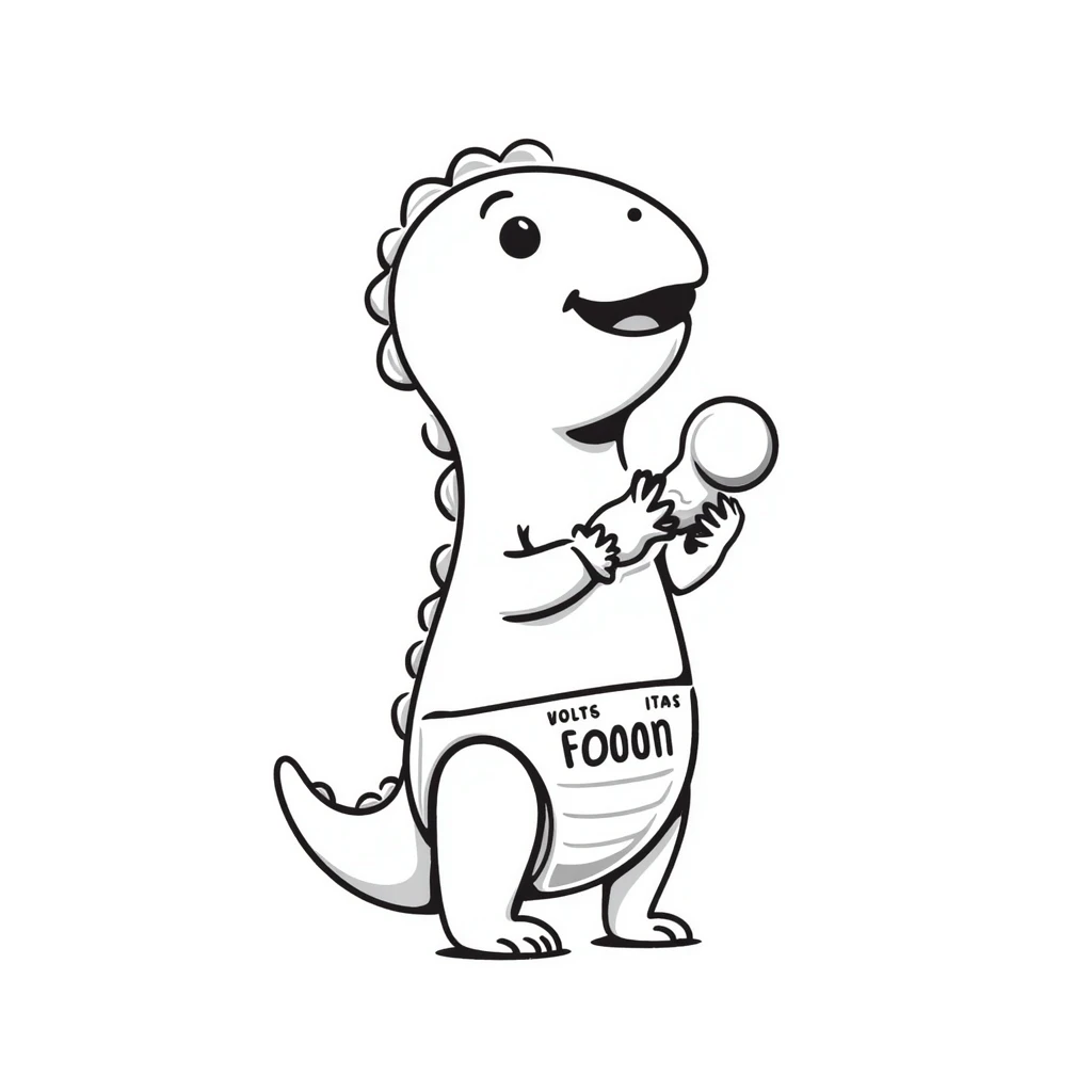 A hand-drawn baby T-Rex toy with a diaper and tiny arms holding a rattle emoji