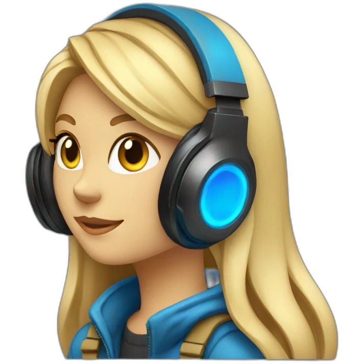 she blond developer has black cat headphones with blue LED emoji