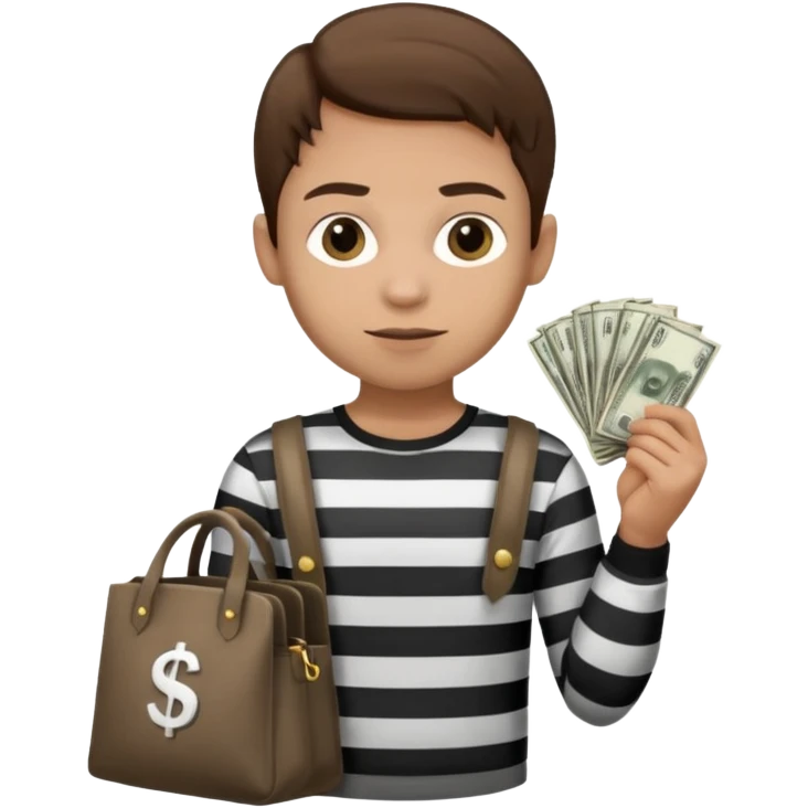 Un ladrón con camisa de rayas blancas y negras mirando hacia la frente con una bolsa de dinero  emoji