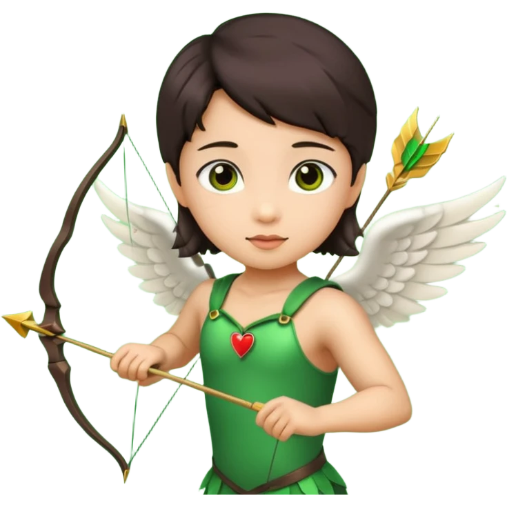 cupid flying with wings asian with brown eyes and dark hair handled bow and arrow directed to green emoji heart emoji