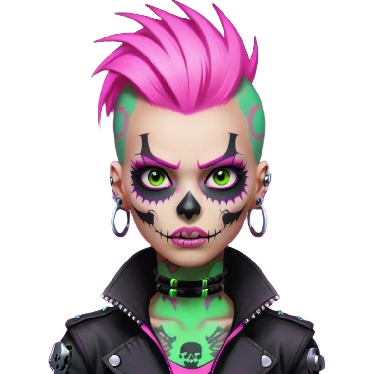 Cyberpunk female punk, pink mohawk, skull face tattoos, bionic neck, aggressive expression, neon green lighting emoji