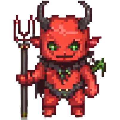 pixel art شیطان, small devil with pitchfork, red and black color scheme emoji