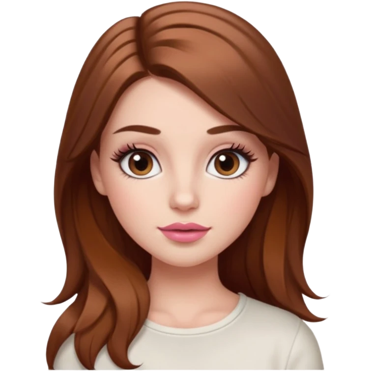 white girl with long brown hair with caramel highlights wearing a white top. Blush on the cheeks and big eyelashes and a brown-pink lip combo  emoji