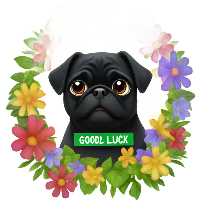 Black pug , surrounded by flowers, holding a green sign that says “good luck”  emoji
