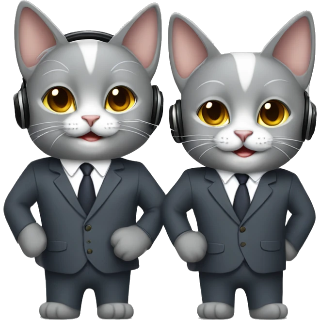 Two gray colored cats with headphones smiling standing back to back with suits    emoji