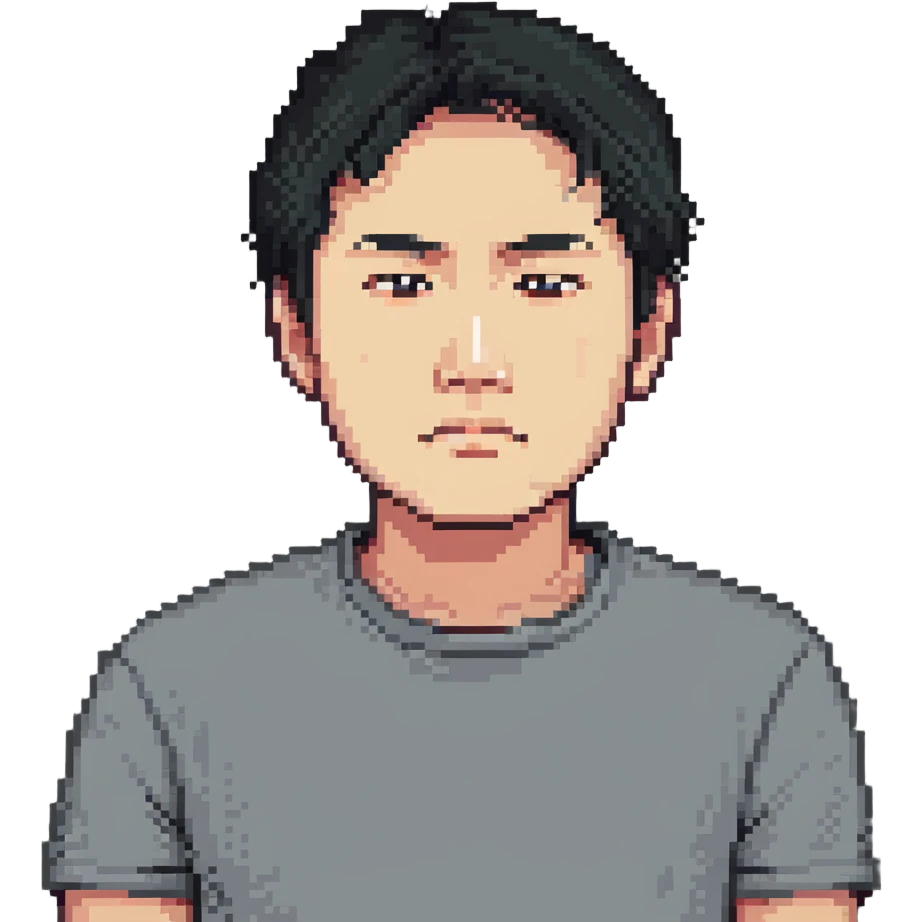Asian man in a gray shirt with a frown emoji