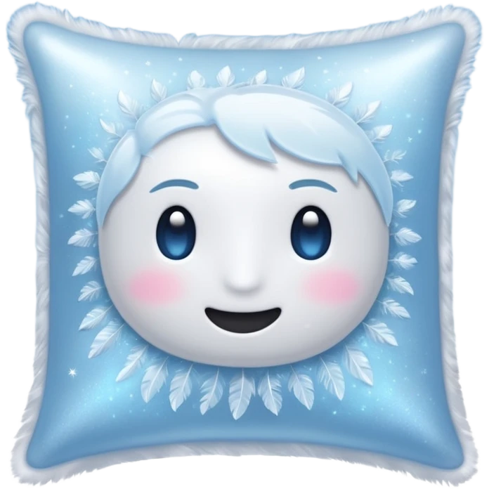magical ethereal pillow emoji, shimmering with cool silver and icy blue light, surrounded by soft airy feathers and tiny sparkles, with a soothing frost aura emoji