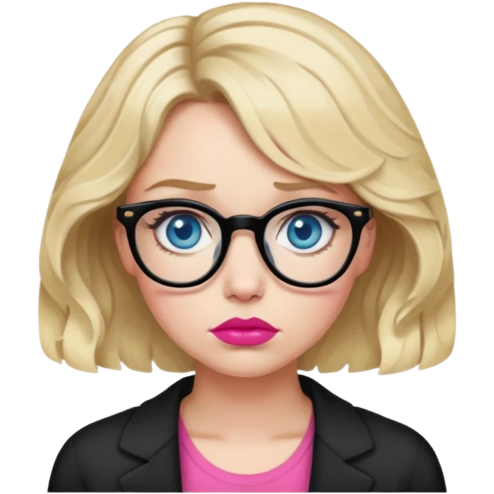 Blonde woman with short wavy hair, blue eyes and pink lips wearing black glasses looking sad emoji