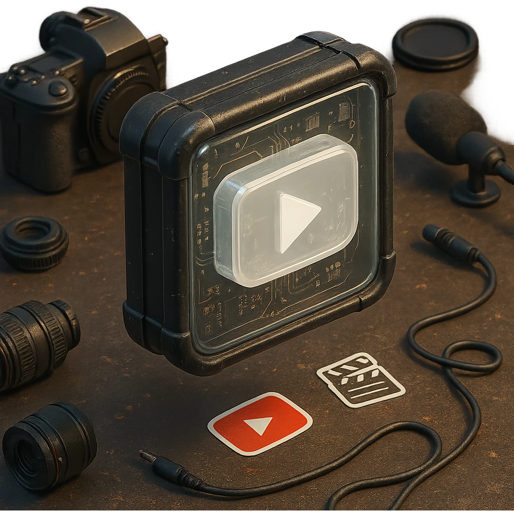 white YouTube play button inside a scratched black toolbox-like case, surrounded by video production gear, camera parts, stickers, cables, real-life artist studio, casual lighting, grounded and textured environment emoji