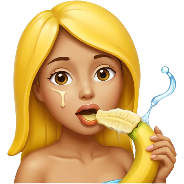 A photo of a woman putting a half-peeled banana into her mouth, water dripping from her lips.. emoji