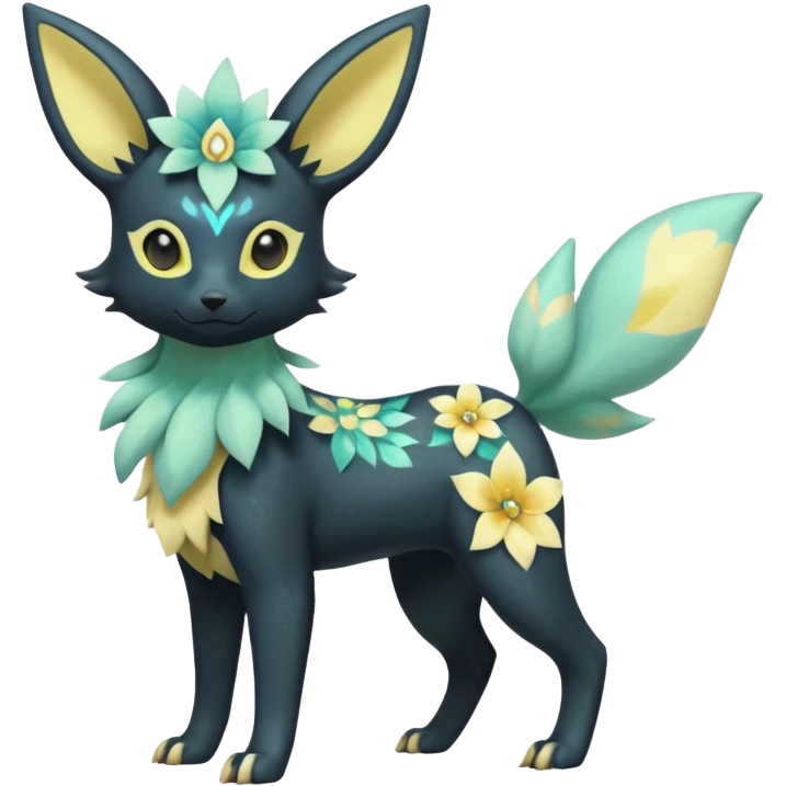 Multicolored sparkly light pale pastel whitish pretty cool elegant realistic flowery exotic Trico-Bolthund-Electrike-Luxray-Umbreon-Leafeon-hybrid, full body emoji