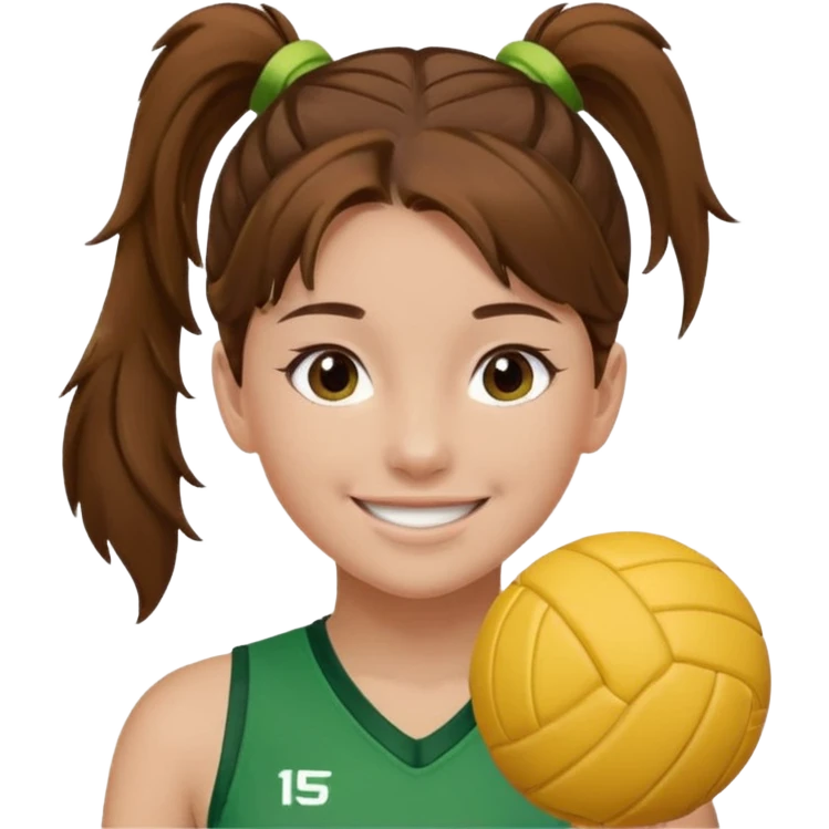 Девушка с хвостом, коричневые волосы и две пряди у лица, в зеленой волейбольной форме радуется emoji