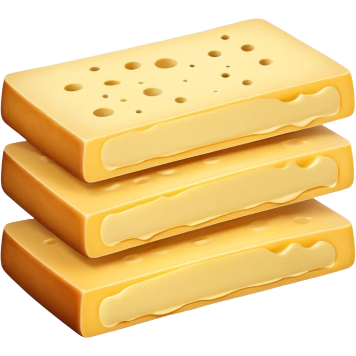 raclette cheese slices, one or two, semi-thick, rectangular, pale yellow, smooth, darker rind on one edge, creamy firm texture, subtle sheen, stacked or fanned, no grill or extras, no faces, clean 3D, soft shadows, transparent background, emoji scale emoji