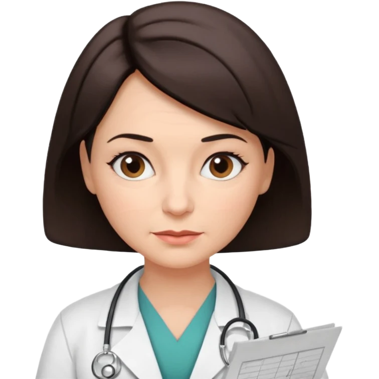 A female doctor in her 50s with visible facial wrinkles, dark brown short bob hair, looking down at and focusing on a medical chart. emoji