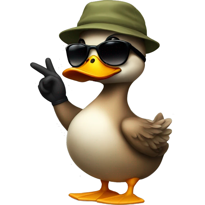 A really cool duck wearing sunglasses and a backwards cap giving finger guns emoji