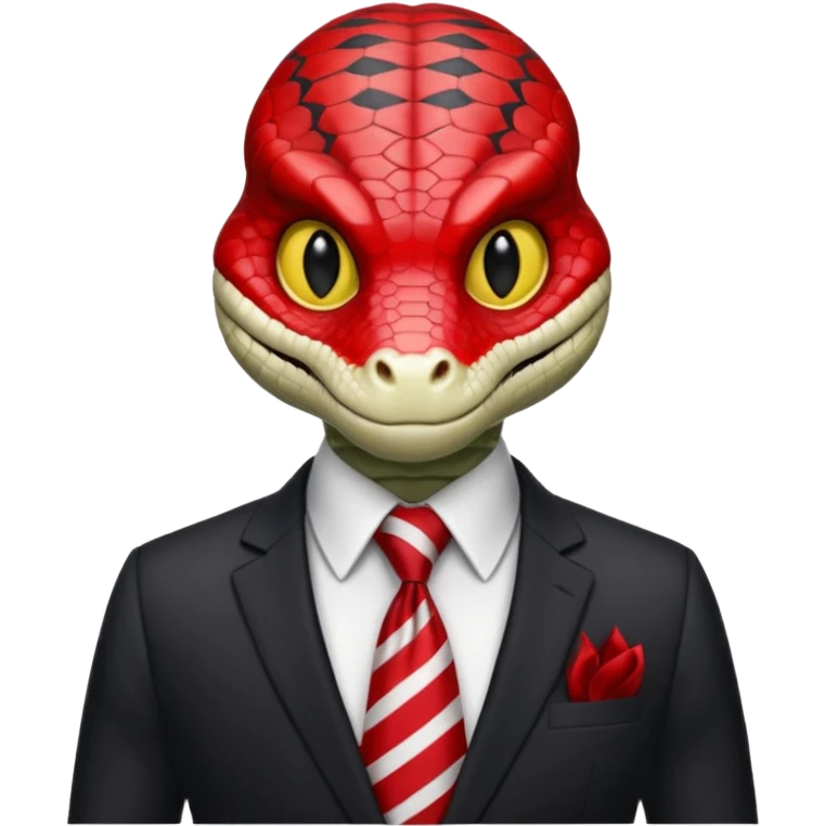 A reptilian humanoid dressing a suit, striped red and white tie, human emoji style, his face is seriously, his eyes is similar to real viper snake eye emoji