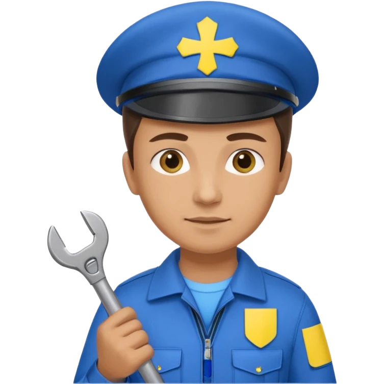 realistic ukrainian engineer with small flag and with wrench emoji