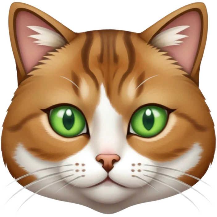 Short hair brown and white tabby cat with a brown fur patch over one eye and white fur patch over the others. Green eyes.  emoji